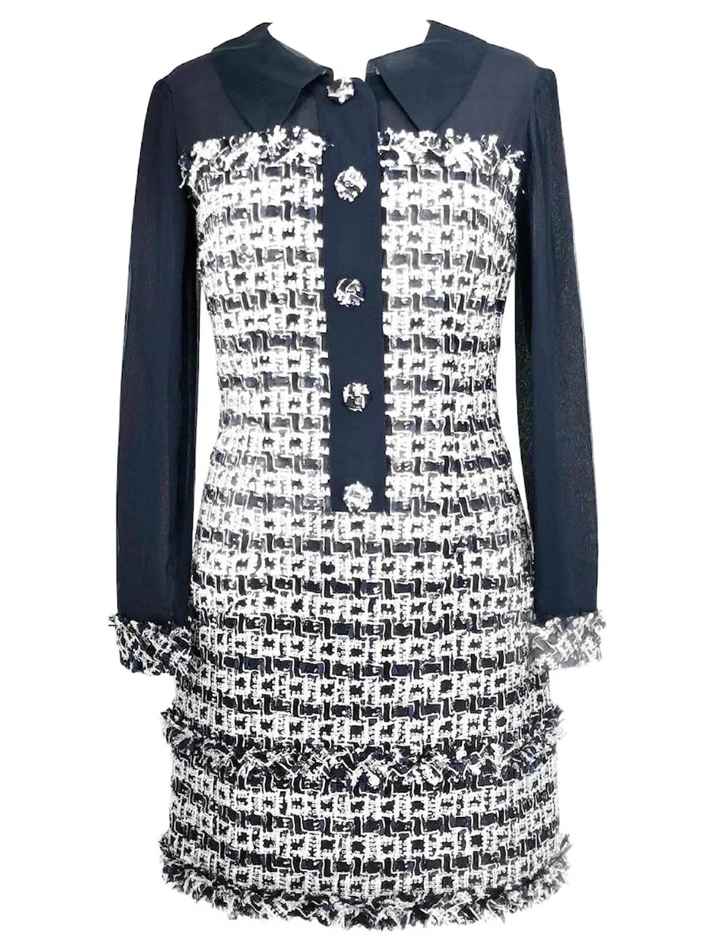 Oscar de la Renta Navy & White Tweed Long-Sleeve Shift Dress - Picture 1 of 6